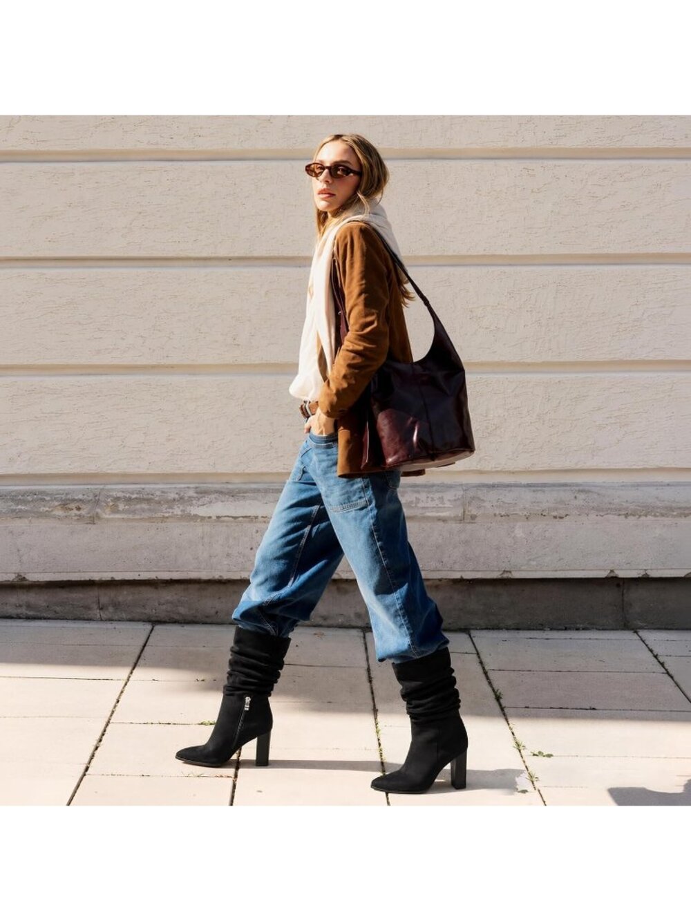 Women's Black Suede Mid Calf Slouch Pointed Toe High Heel Side Zipper Boots - Picture 6 of 6